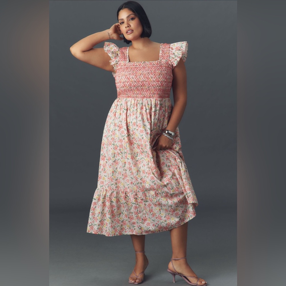 Anthropologie ENGLISH FACTORY Womens 1X Plus Size Smocked Floral Dress MSRP $150